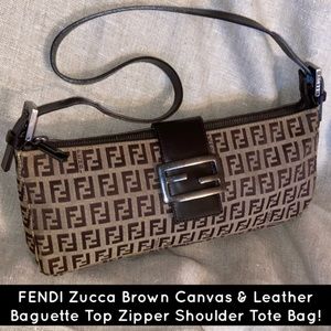 FENDI Zucca Brown Canvas Baguette Shoulder Bag!